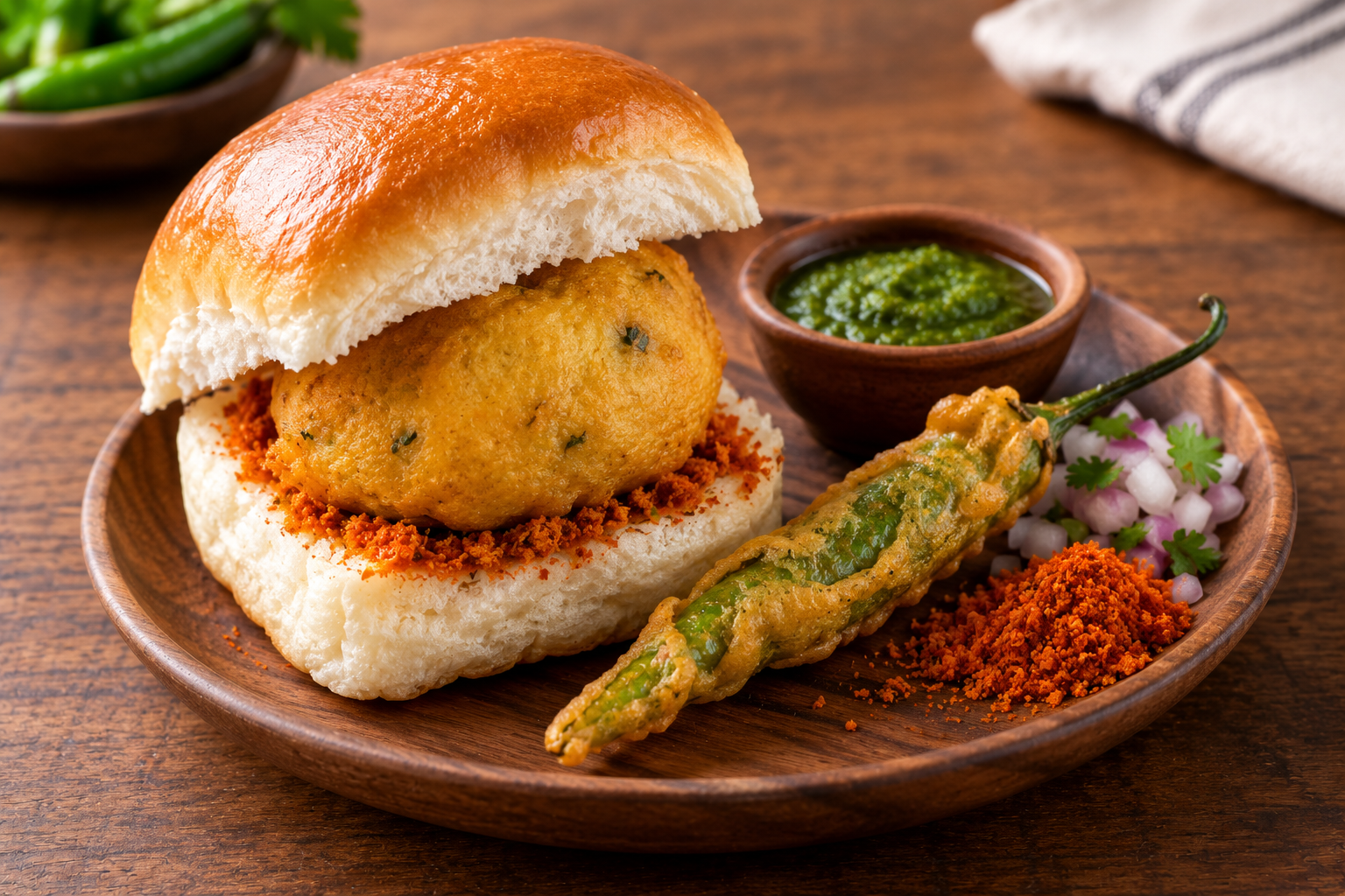 Vada pav with fried green chilli