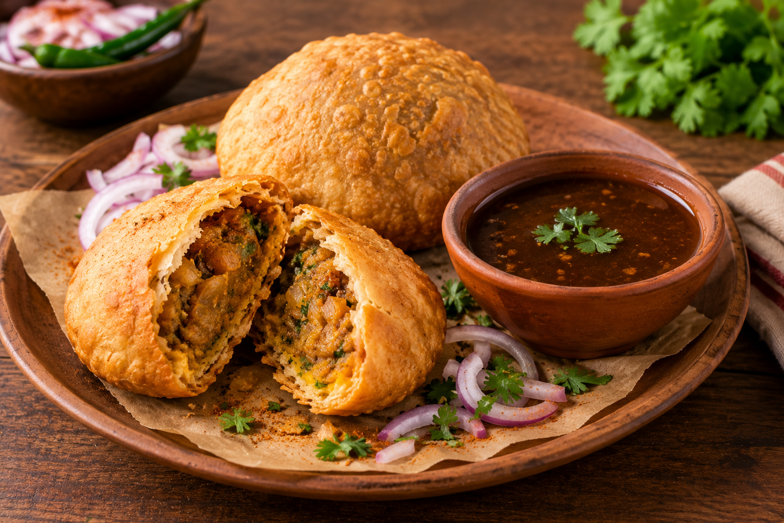 Pyaaz kachori with tamarind chutney