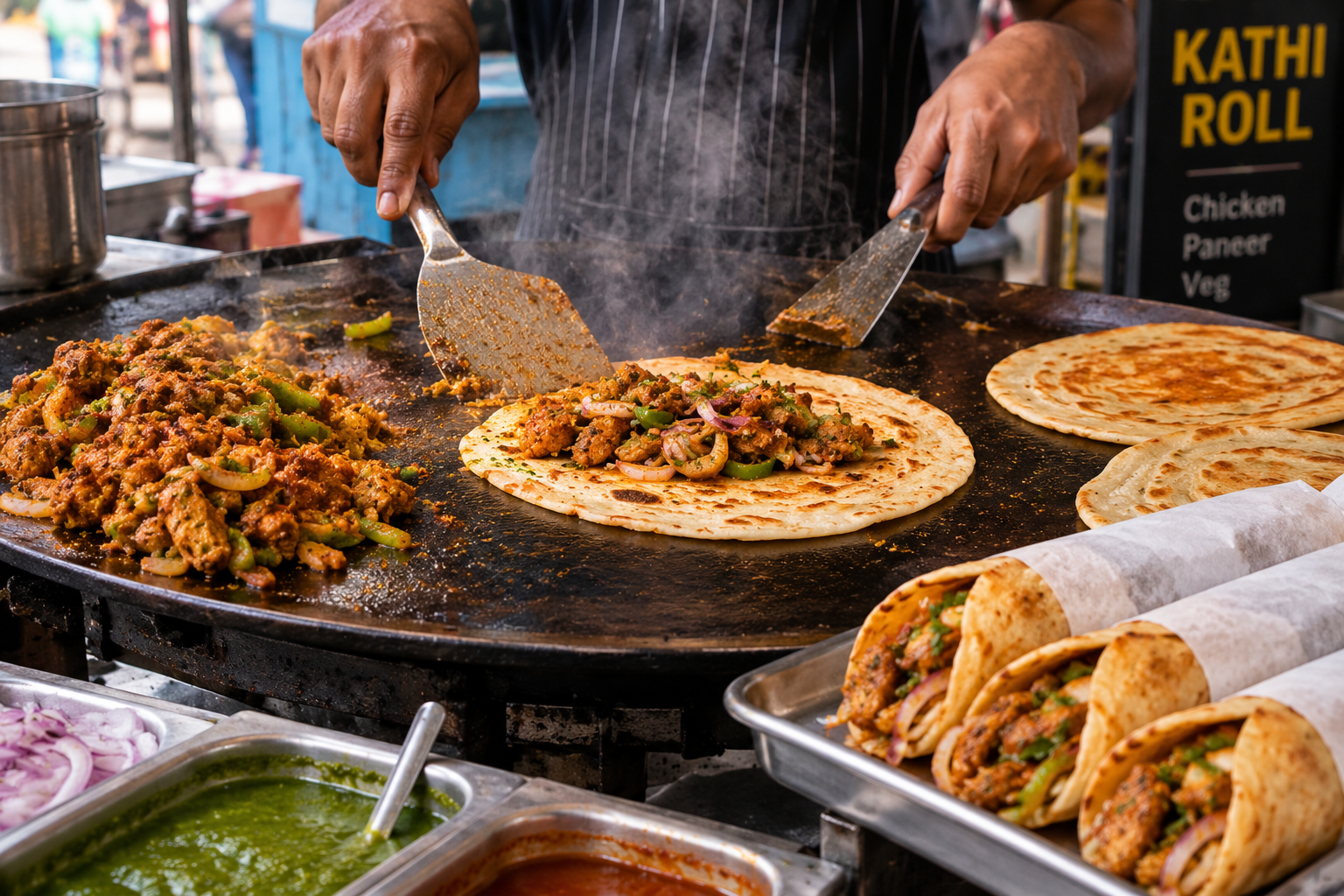 Kathi roll being made on a tawa