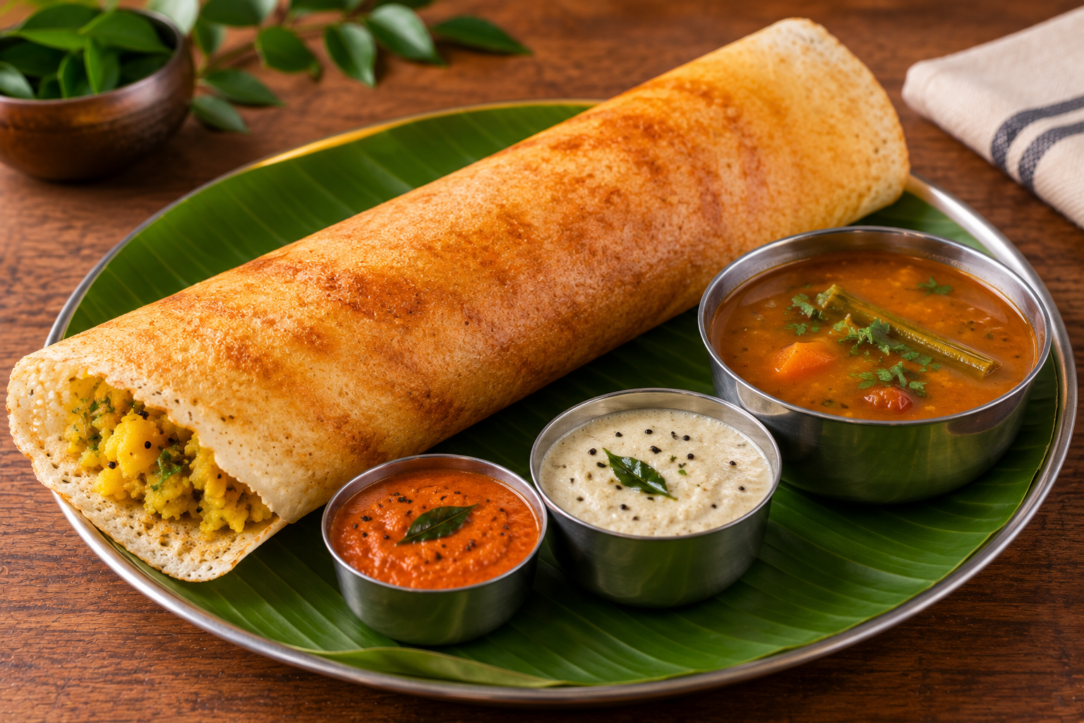 Masala dosa with chutney and sambar