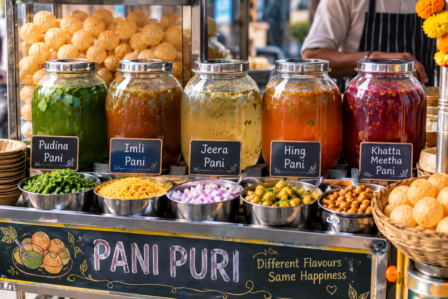 Different flavoured waters at a pani puri cart