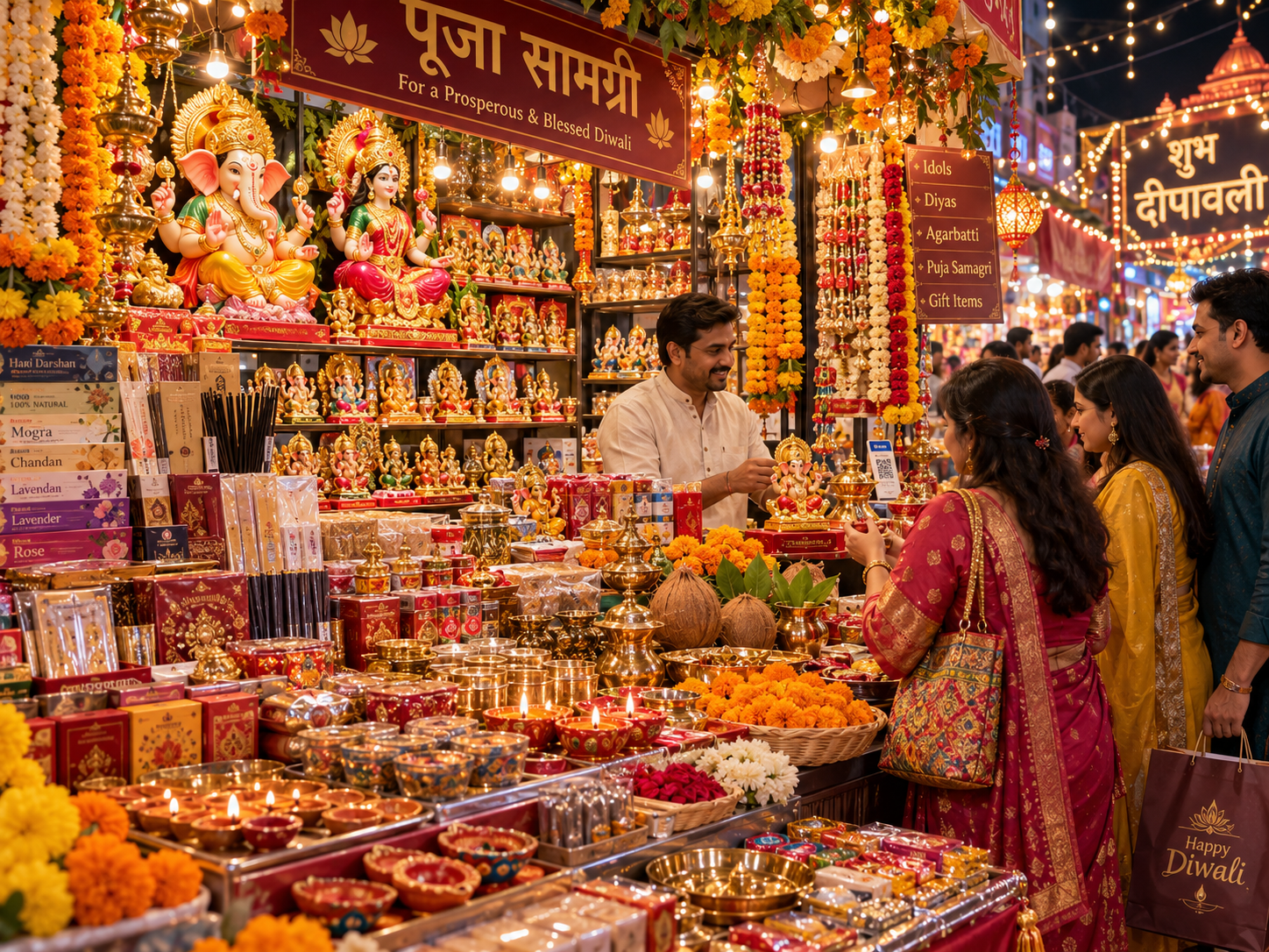 Pooja samagri aur Laxmi-Ganesh murti ka stall